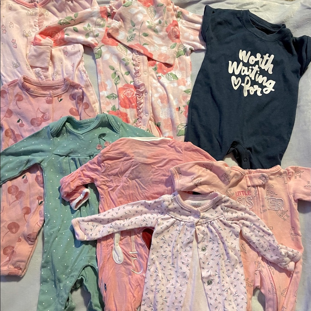 8 preemie - newborn girls footed and Unfooted pajamas.
